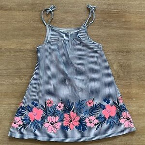 Striped Navy & White Girls' Sundress with Pink Floral Trim